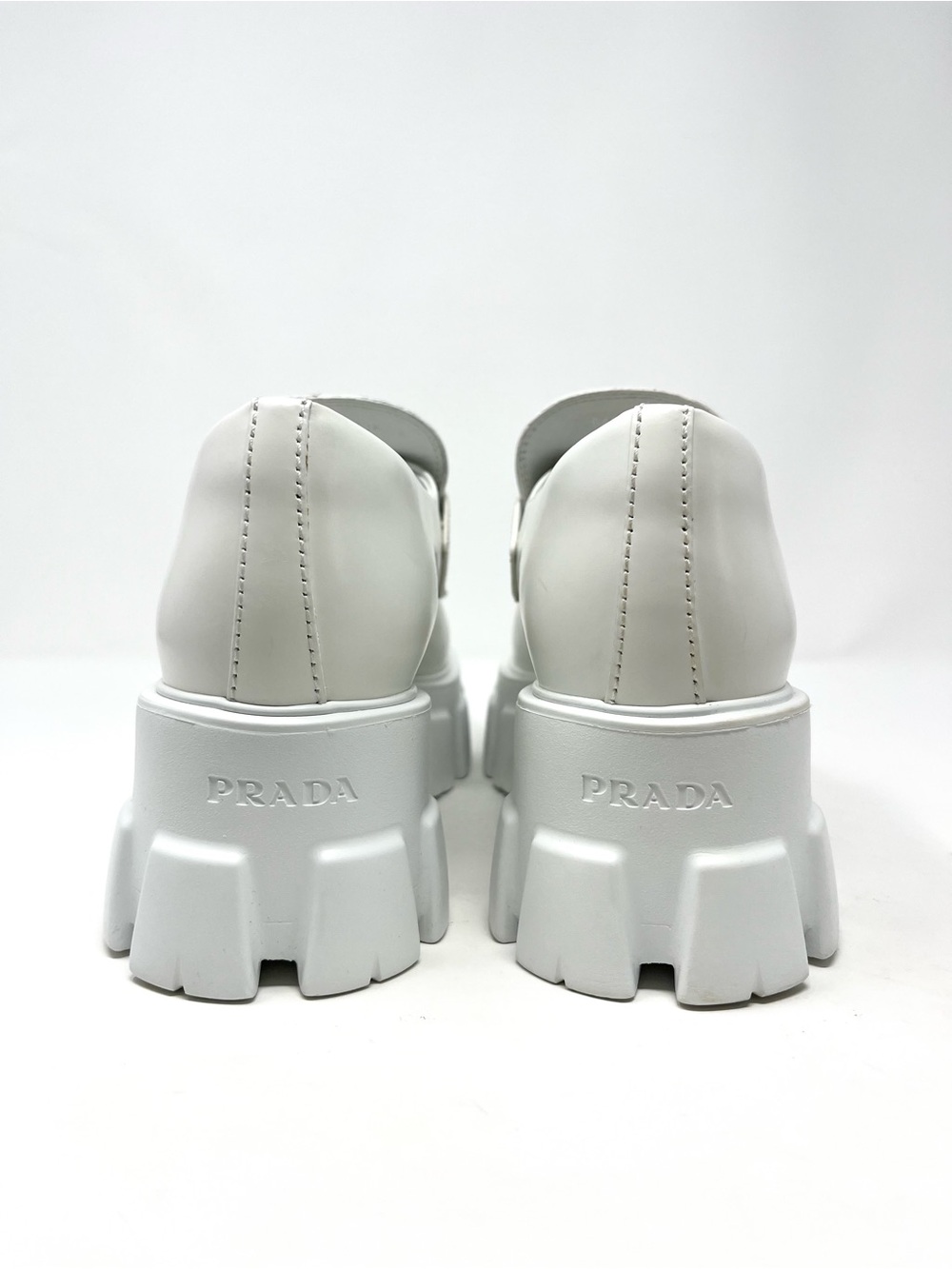 NEW Prada Monolith Triangle Logo White Leather Loafers Heels Chunky 39.5 9.5 - Picture 8 of 14